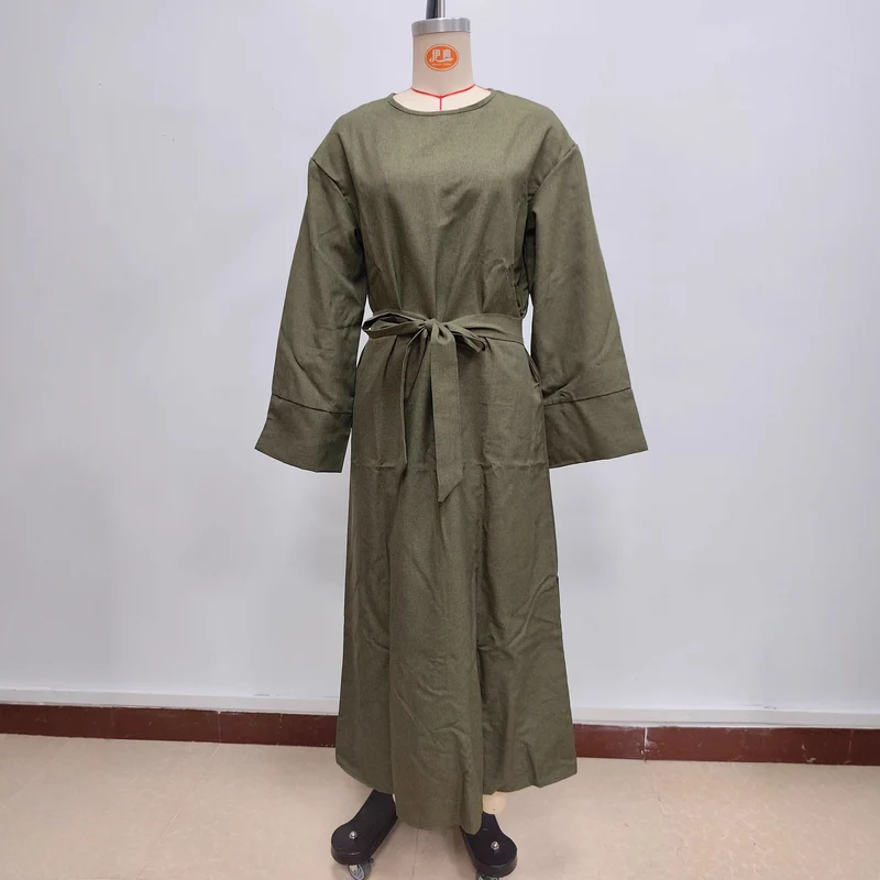 Damen Maxikleid aus Leinen-Mix mit Taillengürtel und weiten Manschellen Nord Taschen