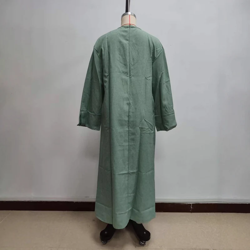 Damen Maxikleid aus Leinen-Mix mit Taillengürtel und weiten Manschellen Nord Taschen