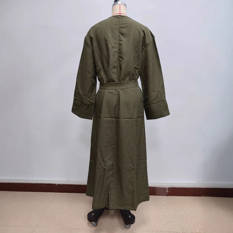Damen Maxikleid aus Leinen-Mix mit Taillengürtel und weiten Manschellen Nord Taschen