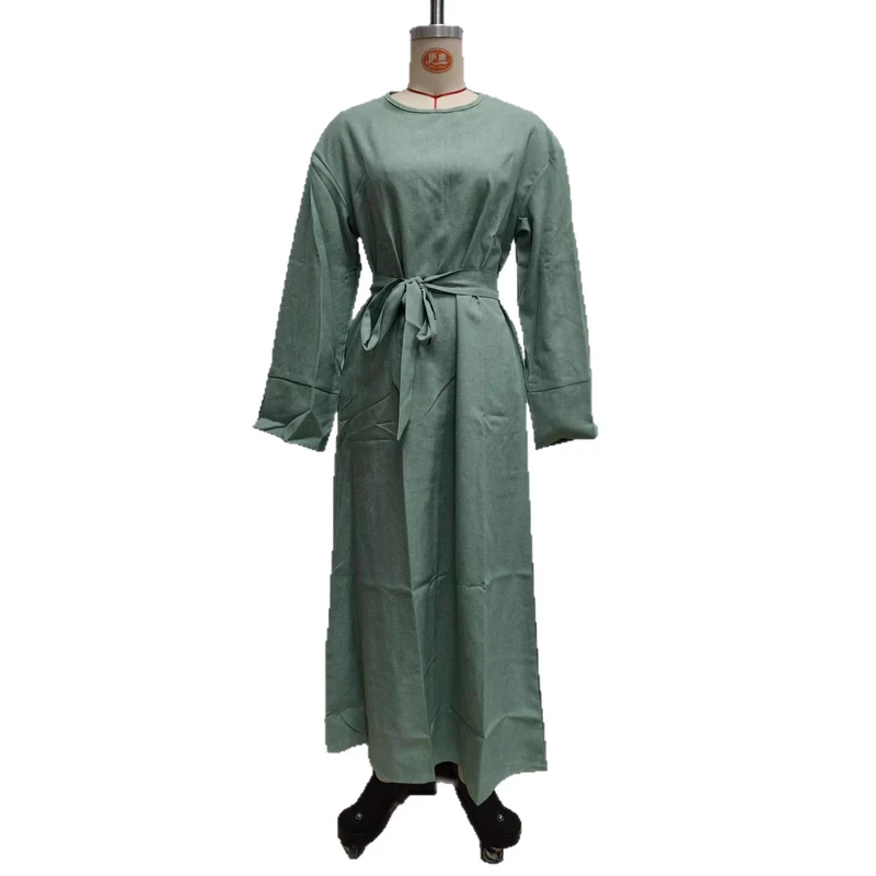 Damen Maxikleid aus Leinen-Mix mit Taillengürtel und weiten Manschellen Nord Taschen