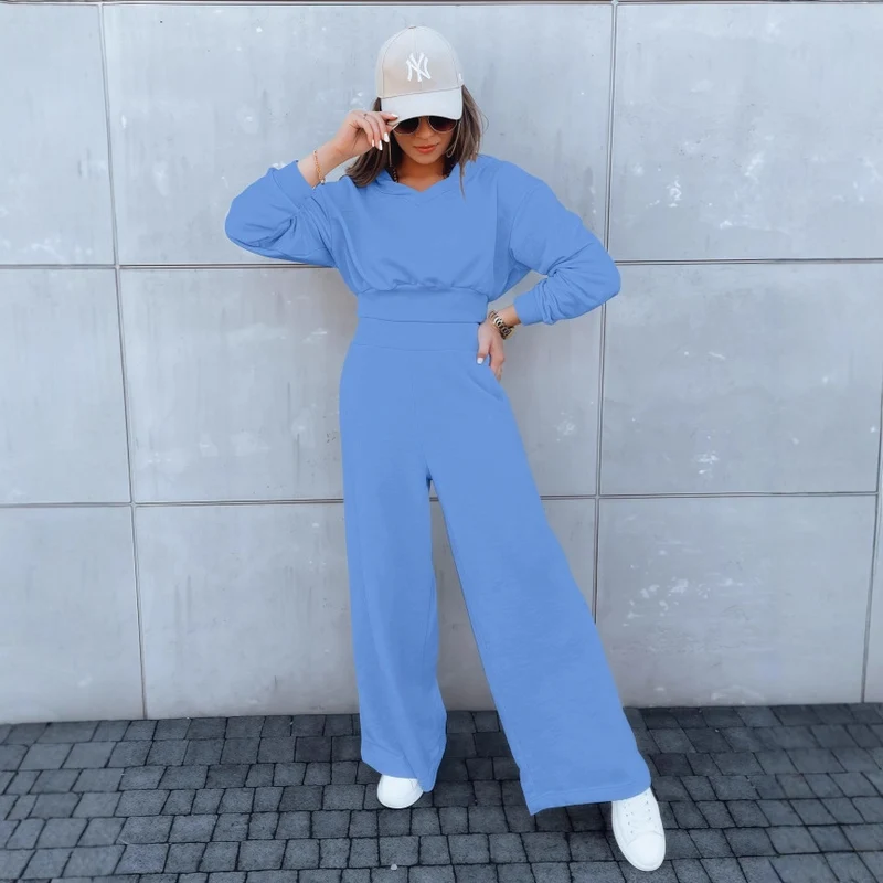 Damen Loungewear-Set mit Cropped V‑Ausschnitt-Pullover und hochtaillierter Palazzohose Nord Taschen