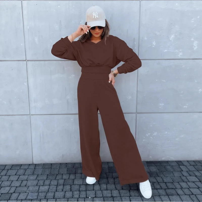 Damen Loungewear-Set mit Cropped V‑Ausschnitt-Pullover und hochtaillierter Palazzohose Nord Taschen