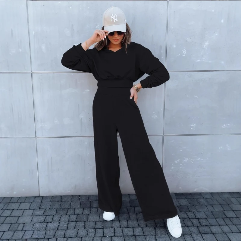 Damen Loungewear-Set mit Cropped V‑Ausschnitt-Pullover und hochtaillierter Palazzohose Nord Taschen