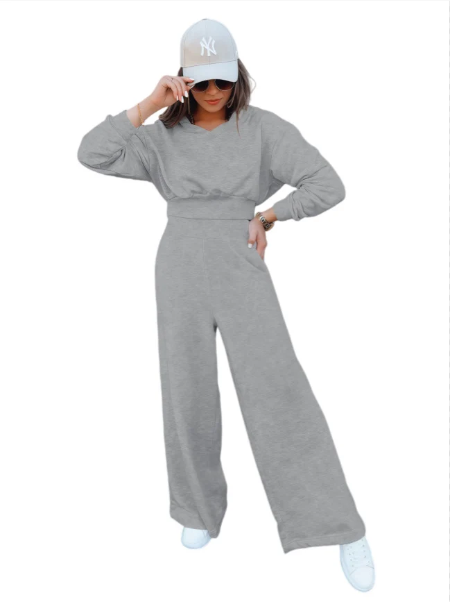 Damen Loungewear-Set mit Cropped V‑Ausschnitt-Pullover und hochtaillierter Palazzohose Nord Taschen