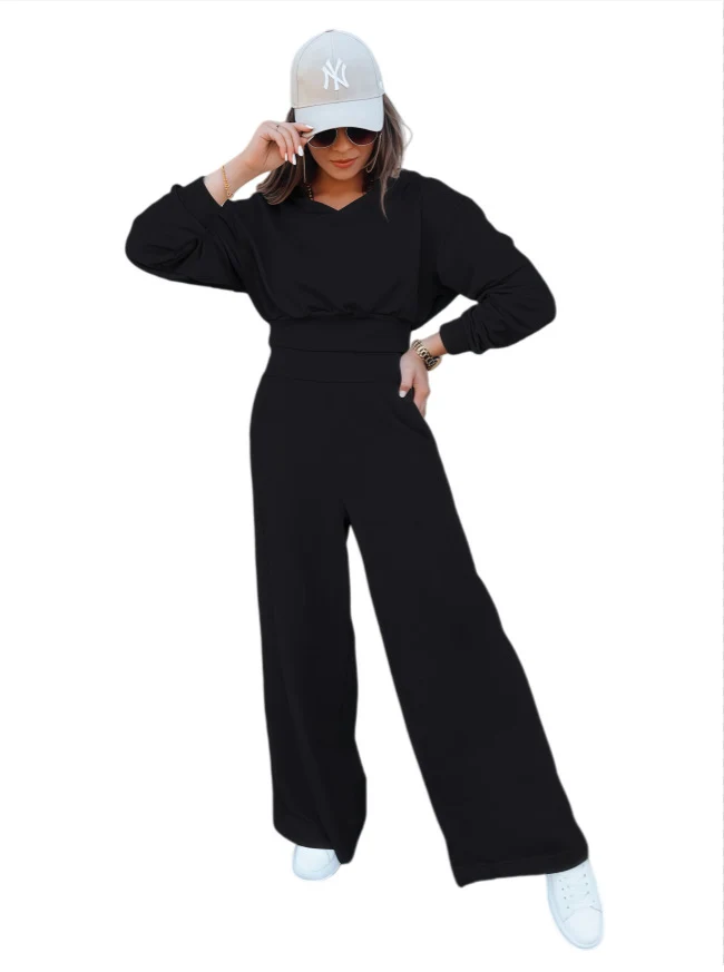 Damen Loungewear-Set mit Cropped V‑Ausschnitt-Pullover und hochtaillierter Palazzohose Nord Taschen