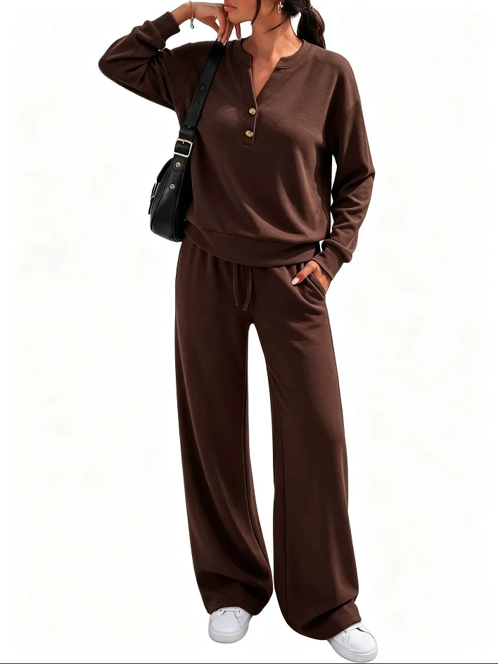 Damen Lounge-Set mit Henley-Kragen und palazzoweiter Jogginghose Nord Taschen
