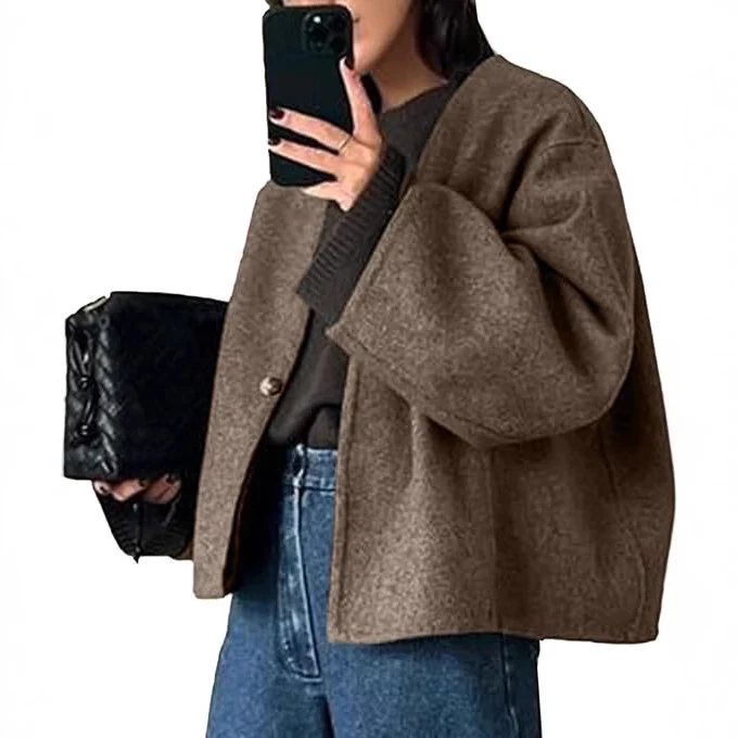 Damen Kurz geschnittene Oversize Wolljacke mit kastigem Schnitt und Ein-Knopf-Verschluss Nord Taschen