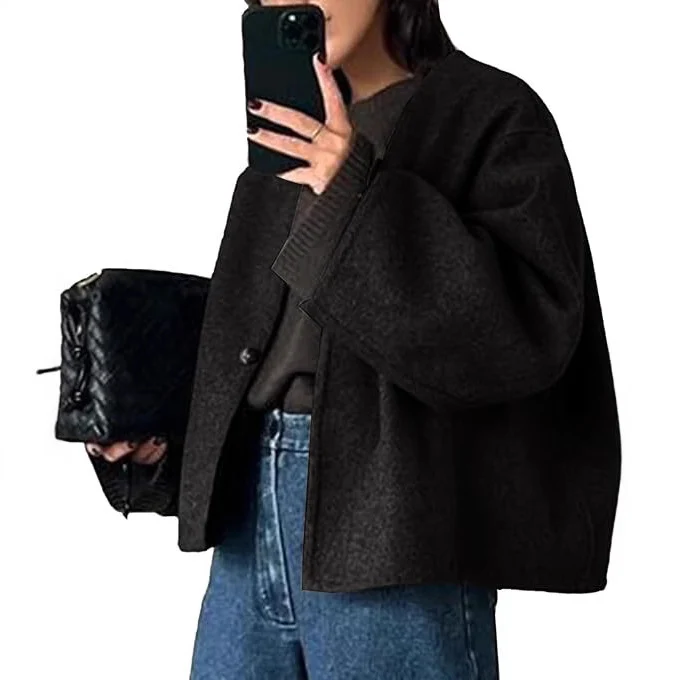 Damen Kurz geschnittene Oversize Wolljacke mit kastigem Schnitt und Ein-Knopf-Verschluss Nord Taschen