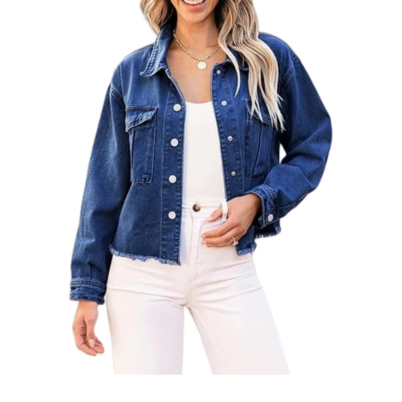 Damen Kurz geschnittene Oversize-Jeansjacke mit rohem Saum und aufgesetzten Brusttaschen Nord Taschen