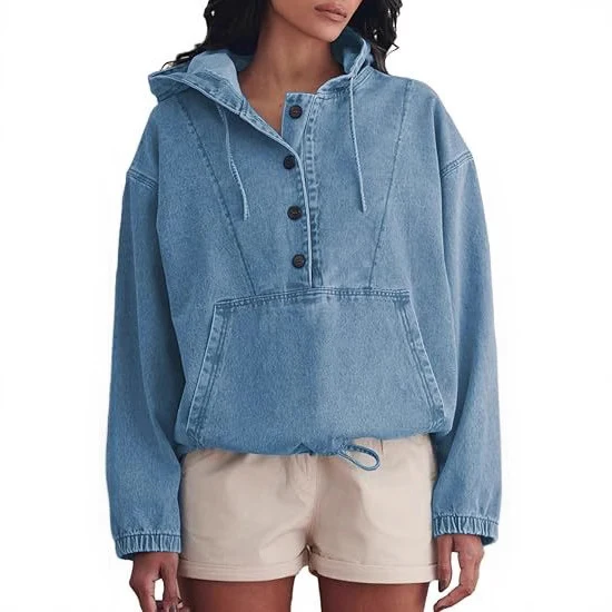 Damen Jeans-Halbanorak mit Kapuze, Kängurutasche und Tunnelzug Nord Taschen