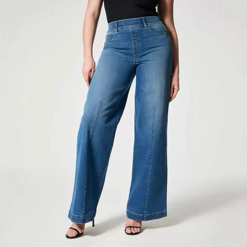 Damen Hochtaillierte Weitgeschnittene Jeanshose mit geradem Bein Nord Taschen