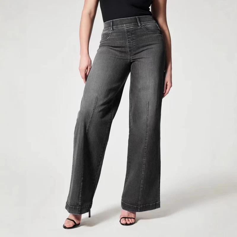 Damen Hochtaillierte Weitgeschnittene Jeanshose mit geradem Bein Nord Taschen