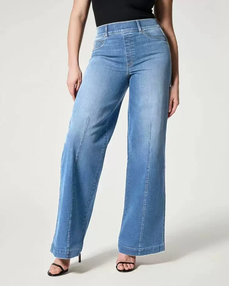 Damen Hochtaillierte Weitgeschnittene Jeanshose mit geradem Bein Nord Taschen
