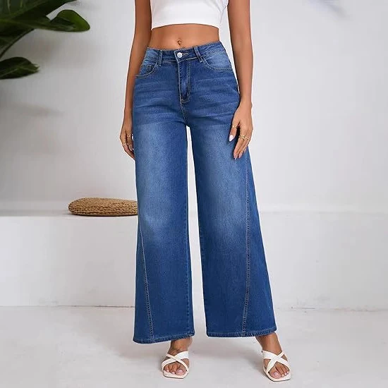 Damen Hochtaillierte Palazzohose aus Denim mit weitem Bein Nord Taschen