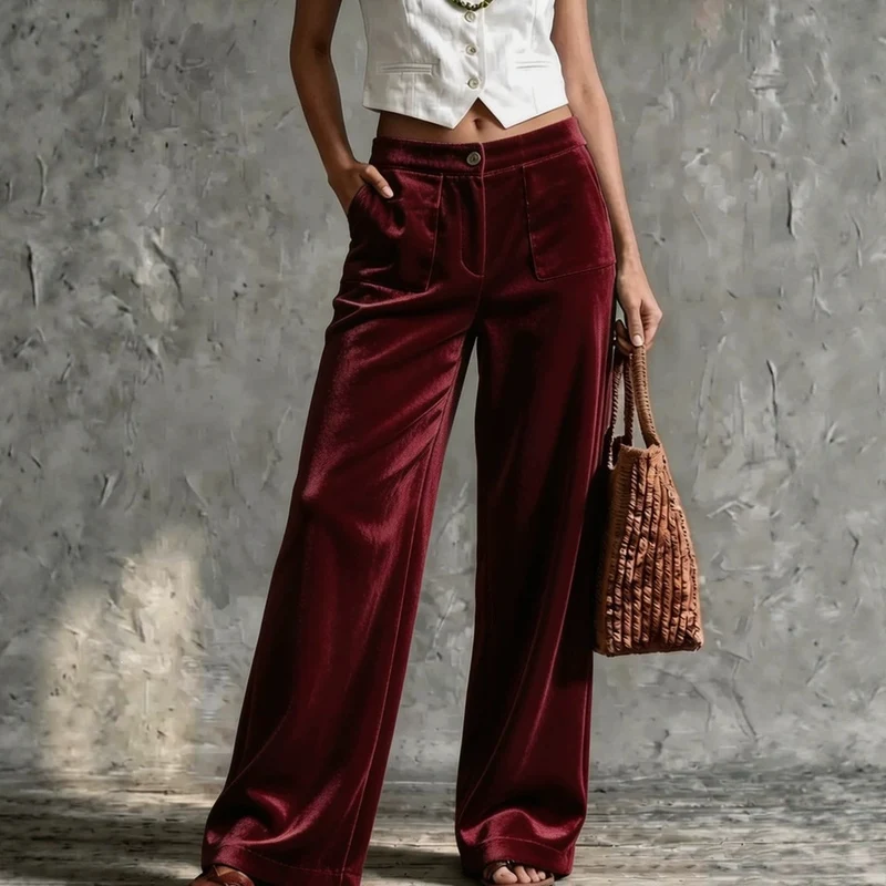 Damen Weite Samt-Palazzohose mit hoher Taille und aufgesetzten Taschen Nord Taschen