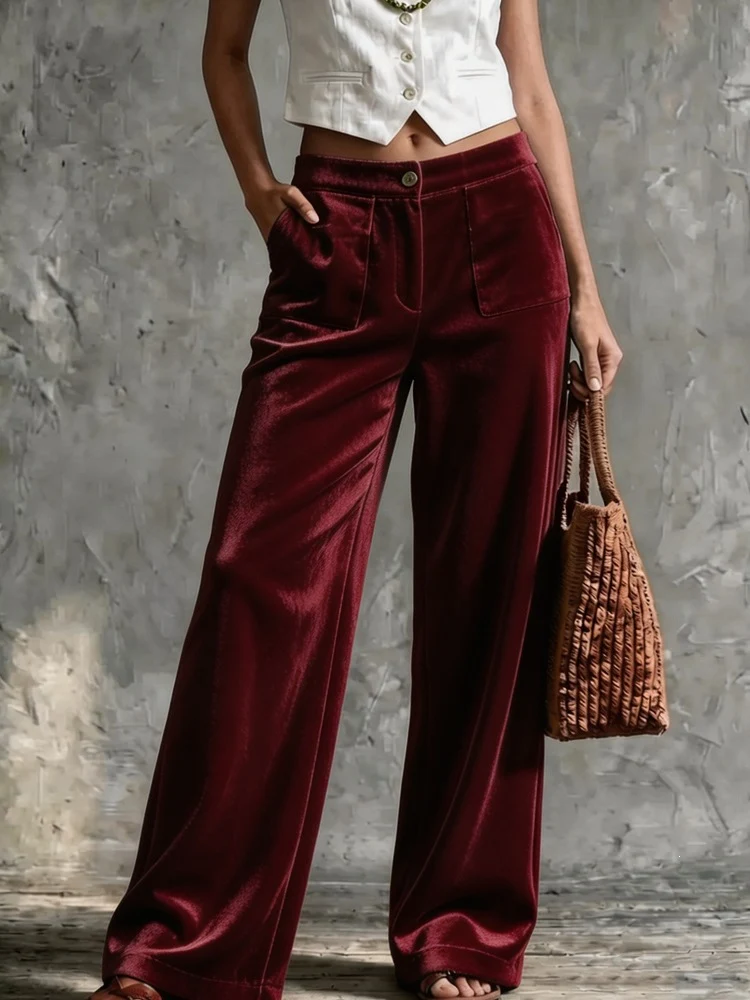 Damen Weite Samt-Palazzohose mit hoher Taille und aufgesetzten Taschen Nord Taschen