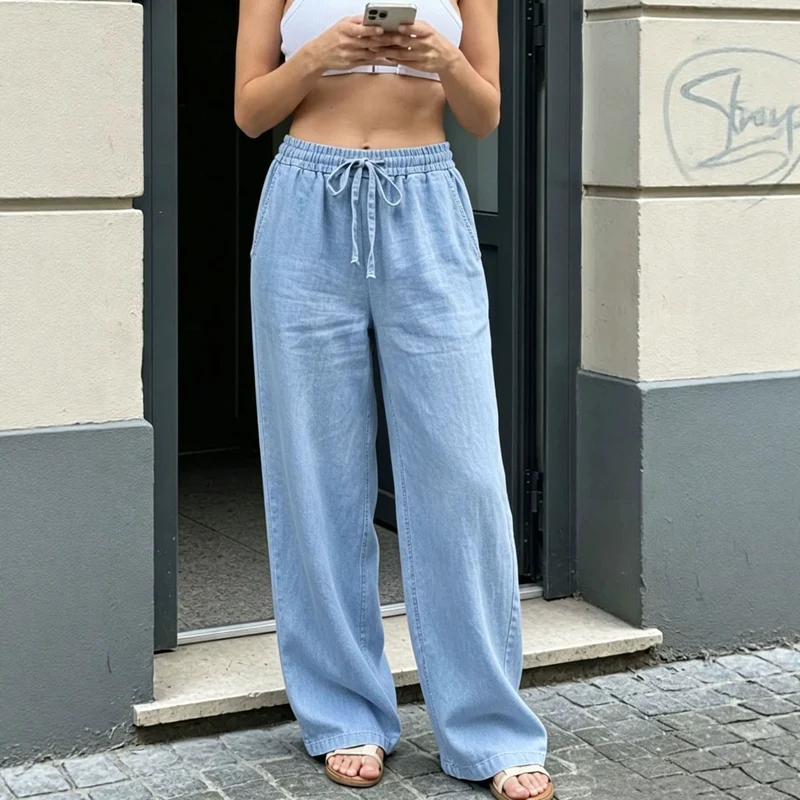 Damen Weite Leinenoptik-Hose mit Gummibund, Tunnelzug und Seitentaschen Nord Taschen