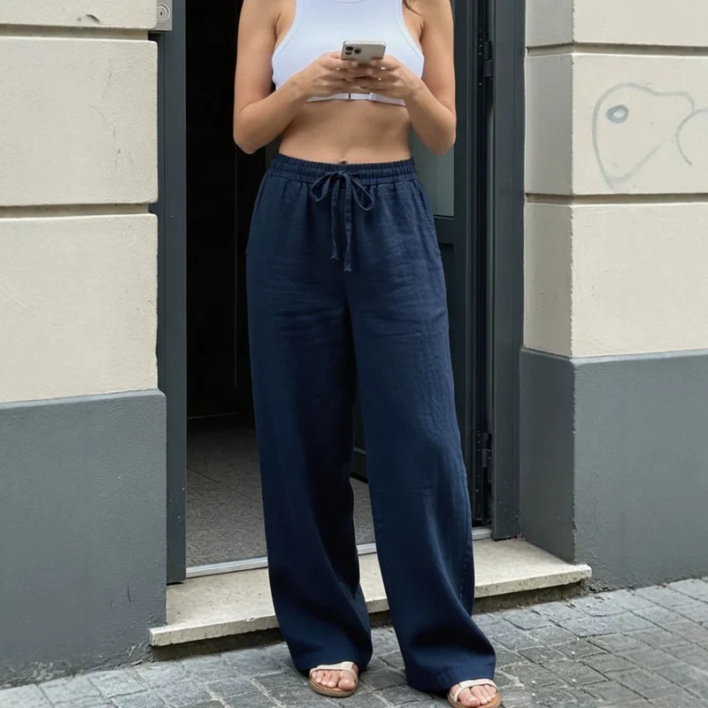 Damen Weite Leinenoptik-Hose mit Gummibund, Tunnelzug und Seitentaschen Nord Taschen