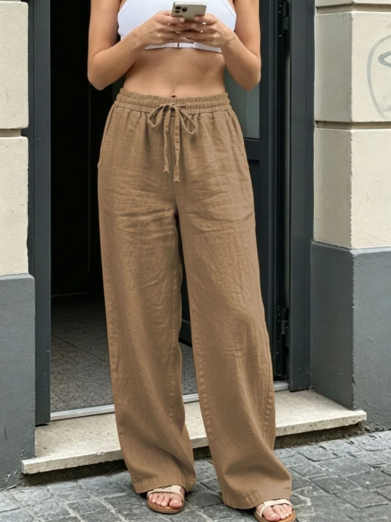 Damen Weite Leinenoptik-Hose mit Gummibund, Tunnelzug und Seitentaschen Nord Taschen