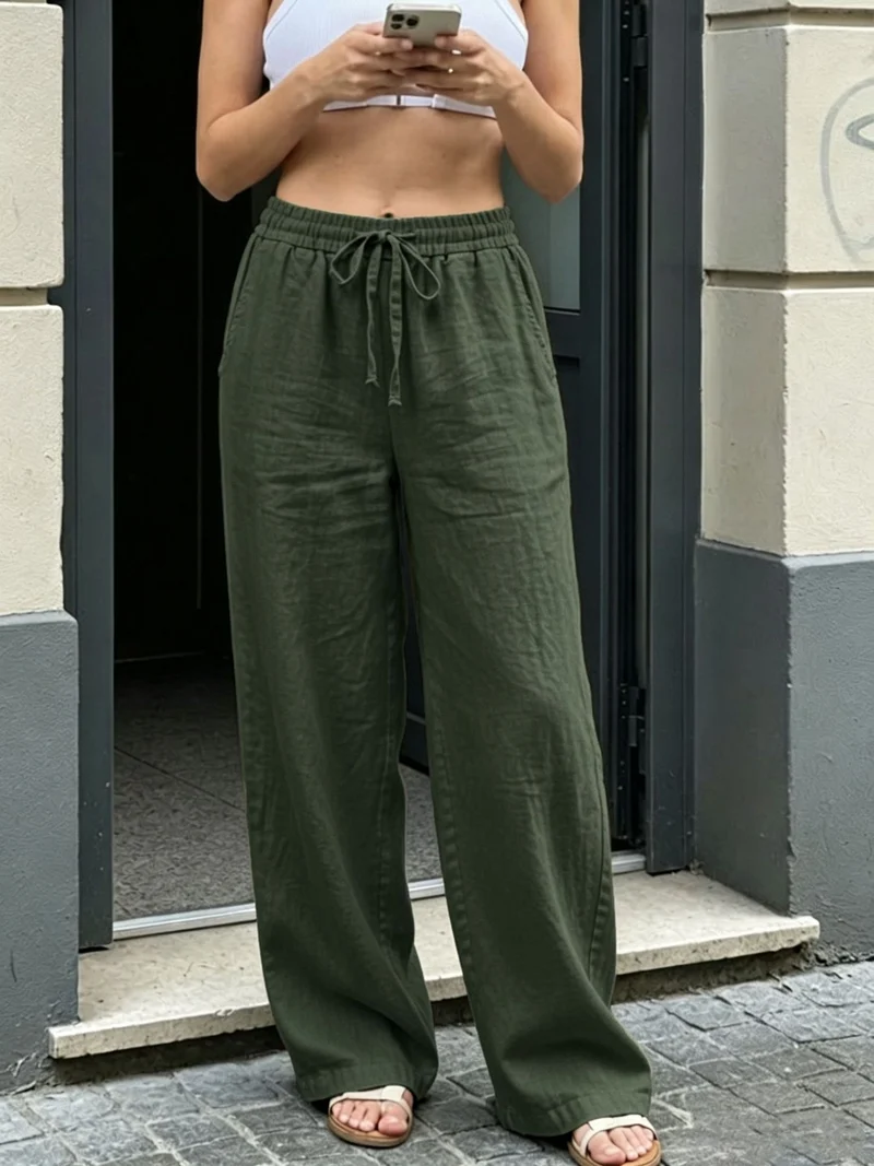 Damen Weite Leinenoptik-Hose mit Gummibund, Tunnelzug und Seitentaschen Nord Taschen