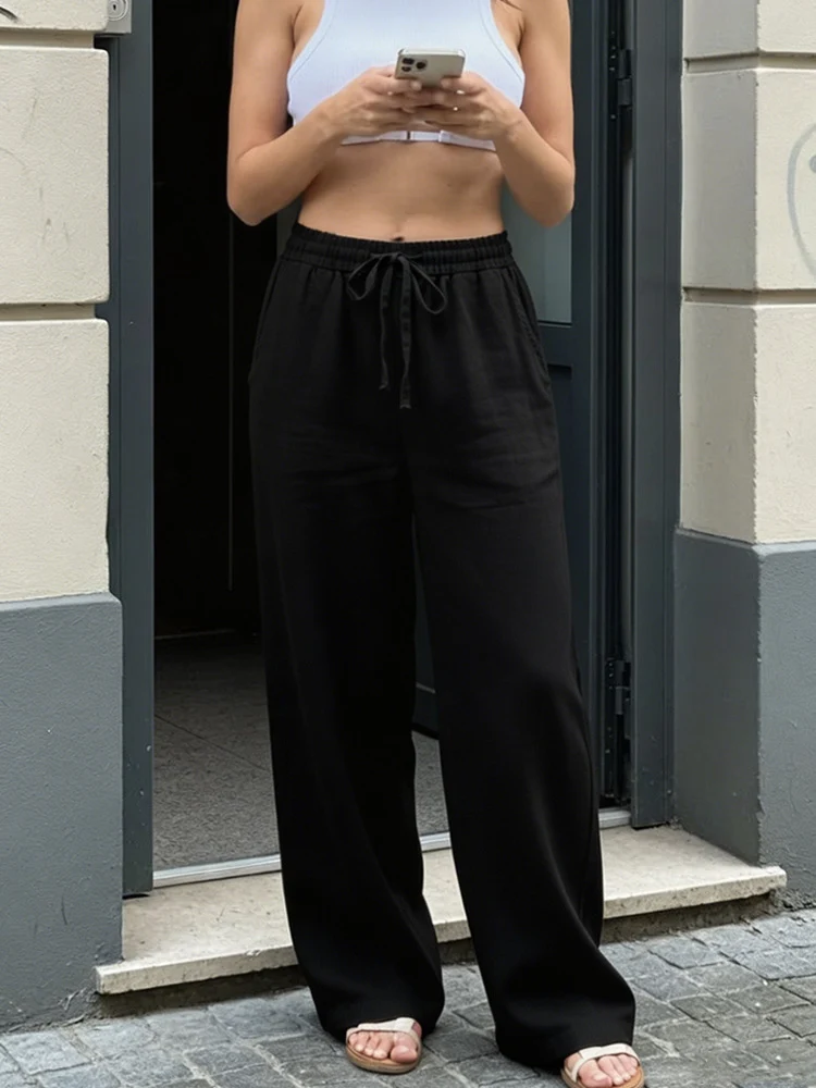 Damen Weite Leinenoptik-Hose mit Gummibund, Tunnelzug und Seitentaschen Nord Taschen