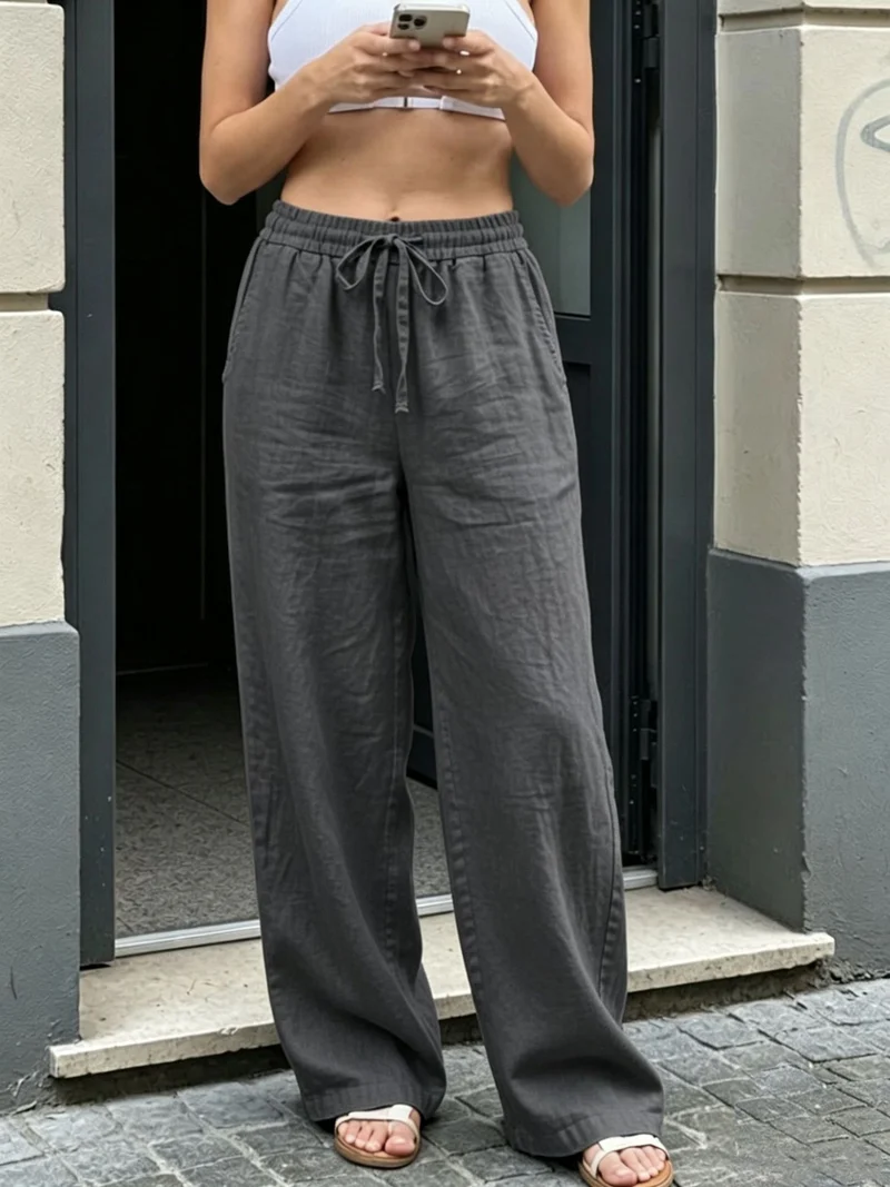 Damen Weite Leinenoptik-Hose mit Gummibund, Tunnelzug und Seitentaschen Nord Taschen