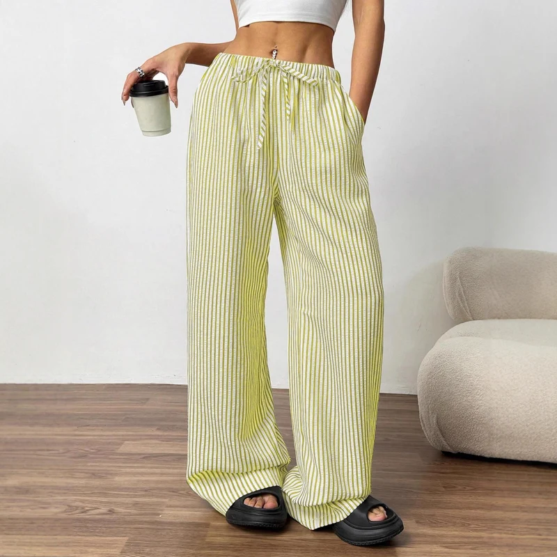 Damen Weite Highwaist-Hose mit Tunnelzug Streifen-Leinenoptik und Eingrifftaschen Nord Taschen