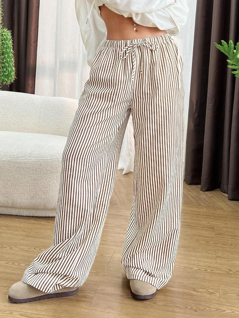 Damen Weite Highwaist-Hose mit Tunnelzug Streifen-Leinenoptik und Eingrifftaschen Nord Taschen