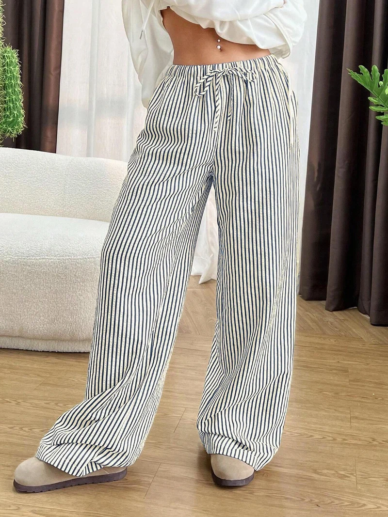 Damen Weite Highwaist-Hose mit Tunnelzug Streifen-Leinenoptik und Eingrifftaschen Nord Taschen
