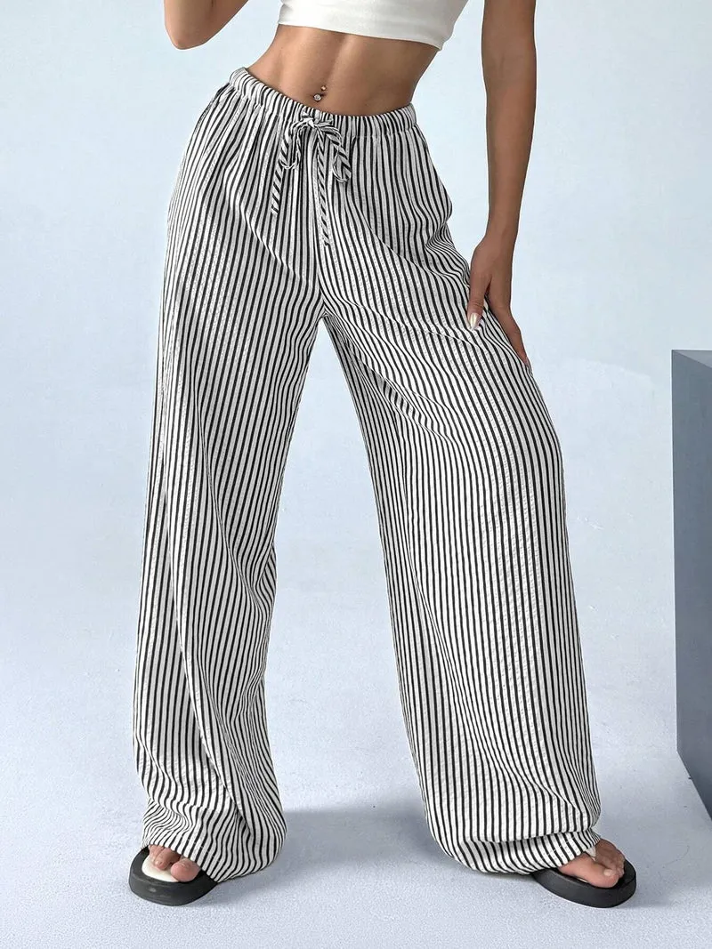 Damen Weite Highwaist-Hose mit Tunnelzug Streifen-Leinenoptik und Eingrifftaschen Nord Taschen