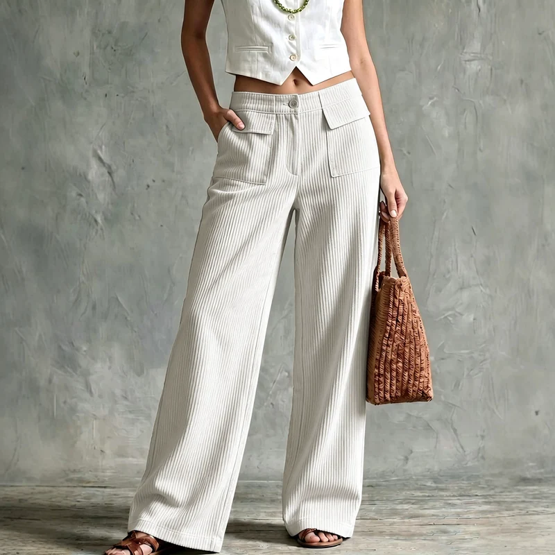 Damen Weite Cord-Palazzohose mit hoher Taille und aufgesetzten Pattentaschen Nord Taschen