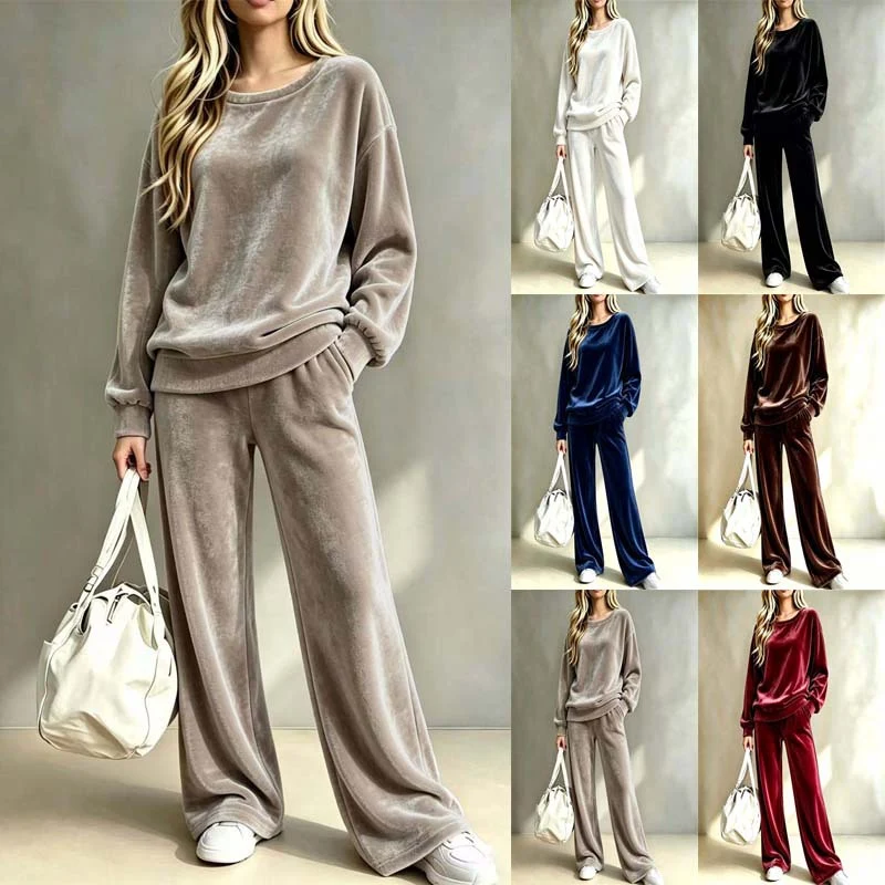 Damen Weiches Velours-Loungewear-Set mit weitem Bein und Rundhalsausschnitt Nord Taschen