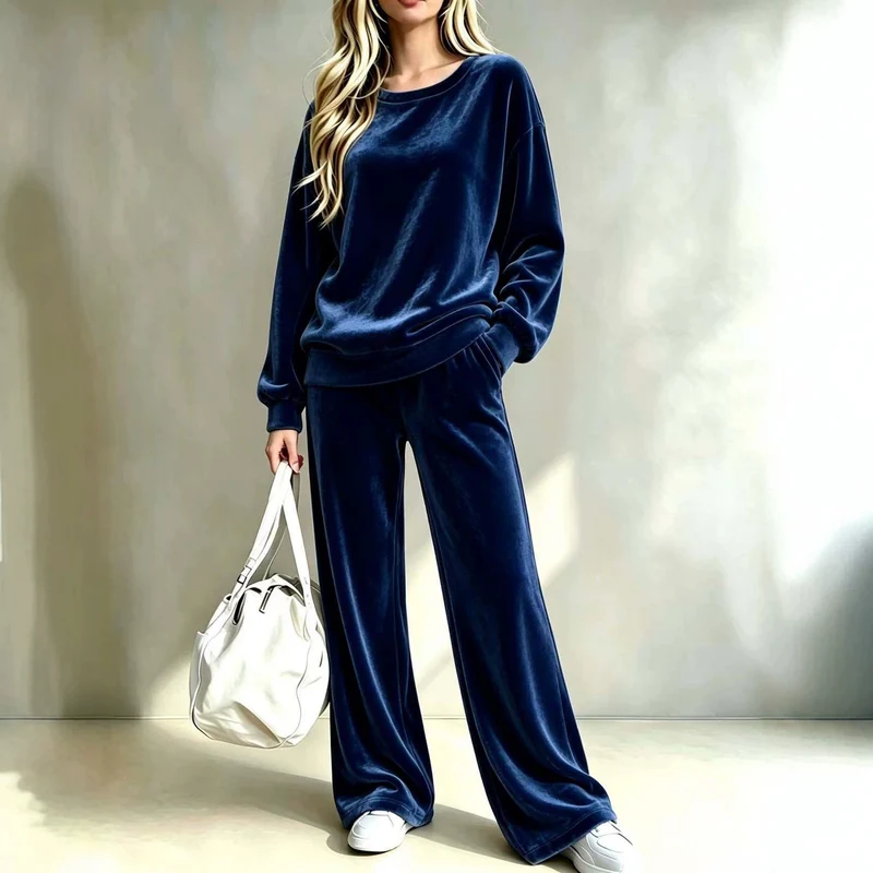 Damen Weiches Velours-Loungewear-Set mit weitem Bein und Rundhalsausschnitt Nord Taschen