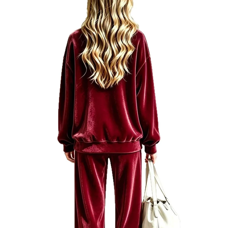 Damen Weiches Velours-Loungewear-Set mit weitem Bein und Rundhalsausschnitt Nord Taschen