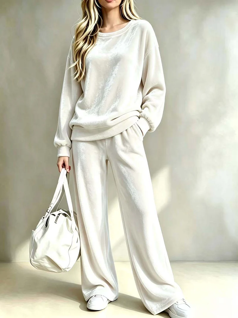 Damen Weiches Velours-Loungewear-Set mit weitem Bein und Rundhalsausschnitt Nord Taschen