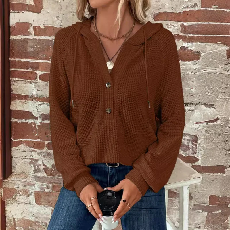 Damen locker geschnittener Waffelstrick Hoodie mit Knopfleiste und Kapuze Nord Taschen