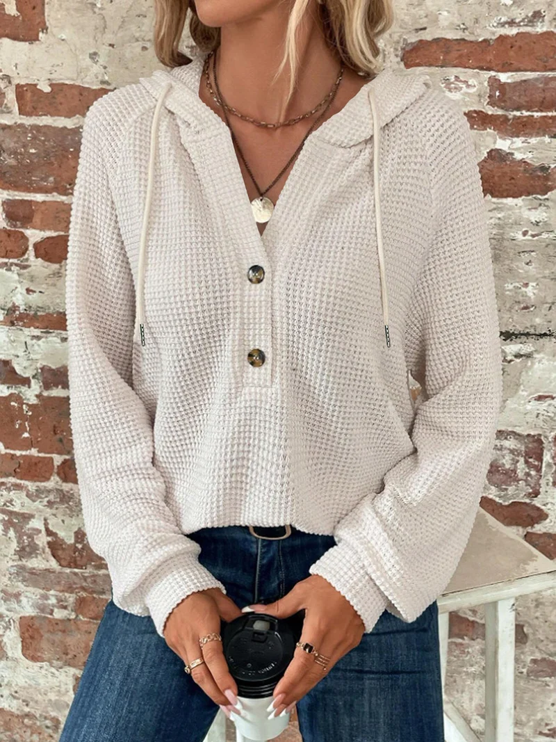 Damen locker geschnittener Waffelstrick Hoodie mit Knopfleiste und Kapuze Nord Taschen