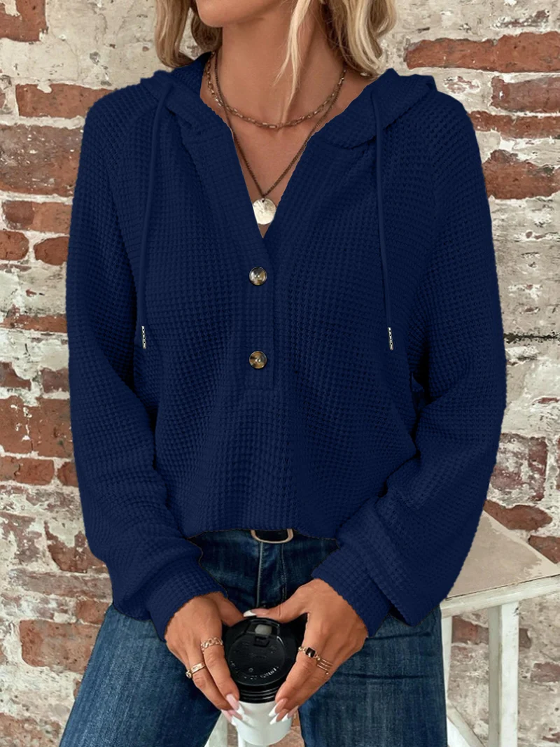 Damen locker geschnittener Waffelstrick Hoodie mit Knopfleiste und Kapuze Nord Taschen