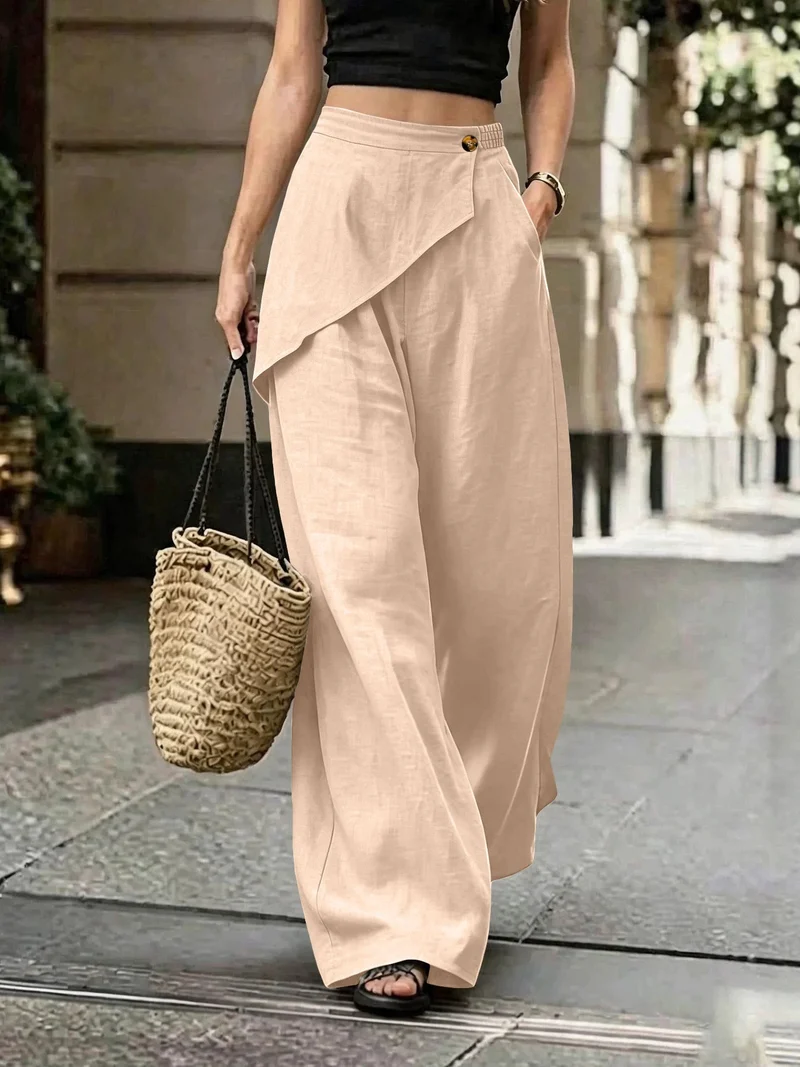 Damen Leichte Leinenhose mit Wickel-Front und weitem Bein Nord Taschen