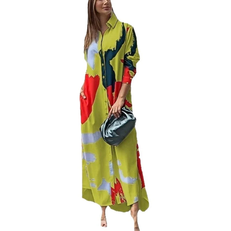 Damen Langes Hemdblusenkleid mit abstraktem Pinselprint und seitlichen Eingrifftaschen Nord Taschen