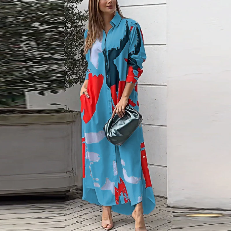 Damen Langes Hemdblusenkleid mit abstraktem Pinselprint und seitlichen Eingrifftaschen Nord Taschen