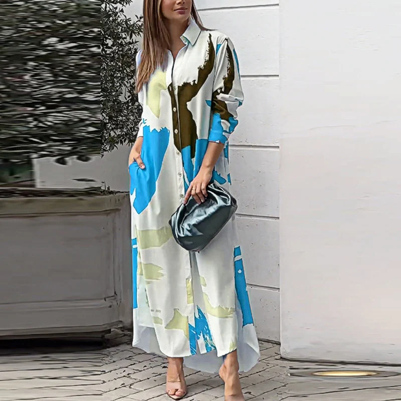 Damen Langes Hemdblusenkleid mit abstraktem Pinselprint und seitlichen Eingrifftaschen Nord Taschen