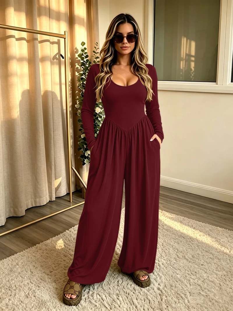 Damen Langer Jumpsuit mit weitem Bein, tiefem Rundhals und Eingrifftaschen Nord Taschen