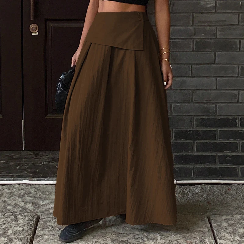 Damen Langer A-Linien Maxirock mit asymmetrischer Wickelblende und Faltenlegung Nord Taschen