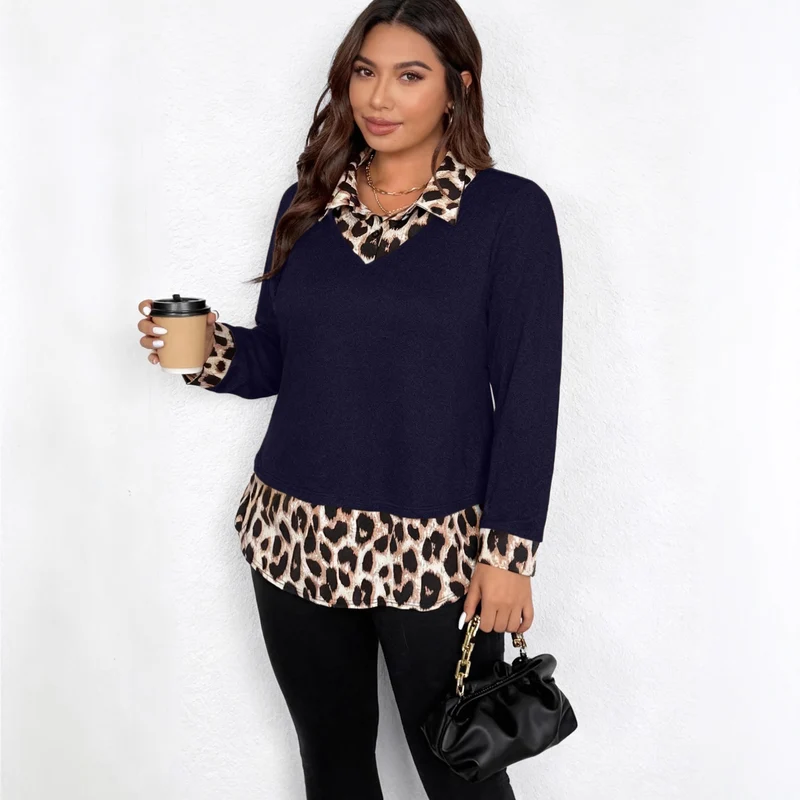 Damen Lagenlook-Pullover mit V-Ausschnitt und Leoprint-Blusen-Einsatz Nord Taschen