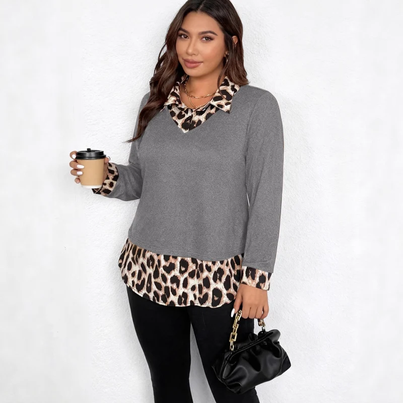 Damen Lagenlook-Pullover mit V-Ausschnitt und Leoprint-Blusen-Einsatz Nord Taschen