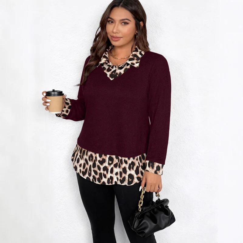 Damen Lagenlook-Pullover mit V-Ausschnitt und Leoprint-Blusen-Einsatz Nord Taschen