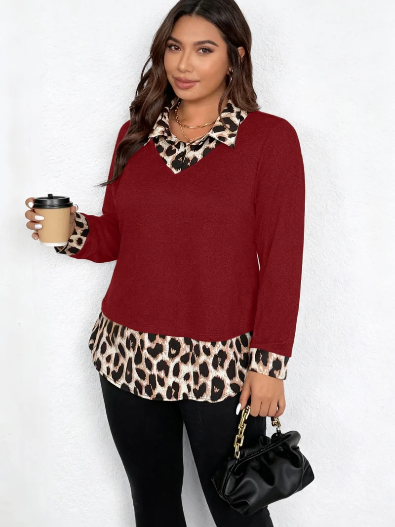 Damen Lagenlook-Pullover mit V-Ausschnitt und Leoprint-Blusen-Einsatz Nord Taschen