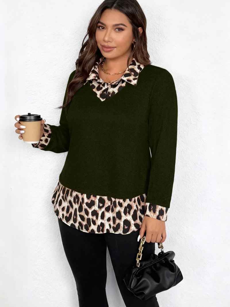 Damen Lagenlook-Pullover mit V-Ausschnitt und Leoprint-Blusen-Einsatz Nord Taschen
