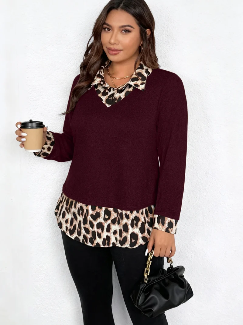 Damen Lagenlook-Pullover mit V-Ausschnitt und Leoprint-Blusen-Einsatz Nord Taschen